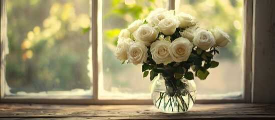 Poster - Elegant bouquet of white roses displayed in a vase against a rustic vintage window setting creating a serene and nostalgic atmosphere