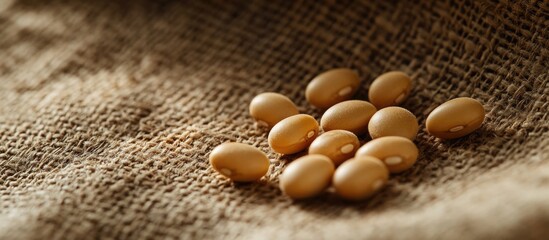 Poster - Brazilian soybean seeds on jute fabric showcasing selective focus highlighting agricultural richness and natural textures in Brazil