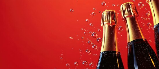 Aufkleber - Champagne bottles on vibrant red background with golden bubbles ideal for New Year celebration or party invitations with text space