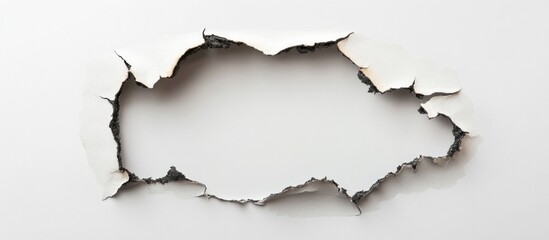 Poster - Burned hole in white paper with torn edges isolated on white background for design and creative projects
