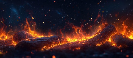 Poster - Glowing embers and flames from burning firewood against a dark, atmospheric night background creating a warm and captivating scene.