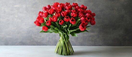 Poster - Vibrant bouquet of red tulips elegantly arranged for Women's Day and Valentine's Day on a stylish gray textured background