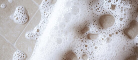 Bubbles from soap detergent on tiled bathroom floor showcasing cleaning process with white foam and dirt removal from surface.