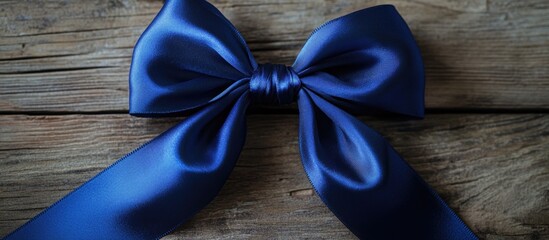 Poster - Elegant navy blue satin bow knot on rustic wooden background perfect for gifts and decoration themes
