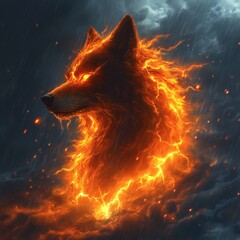 Fototapete - Fierce electric wolf made of lightning crackling through a stormy sky with rain falling in heavy sheets The wolfs glowing form stands out casting light over the dark turbulent night