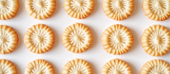 Aufkleber - Buttery round cookies arranged in a neat row on a clean white background showcasing their intricate texture and golden color.