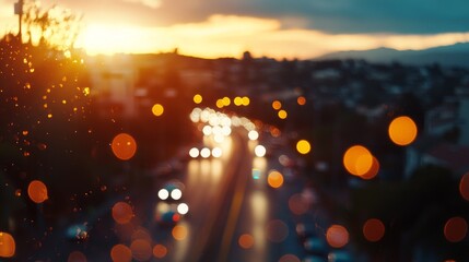 Aufkleber - A busy urban road glows as the sun sets, covered with droplets that catch the light. Cars move through a warm, hazy atmosphere, creating an enchanting scene full of life