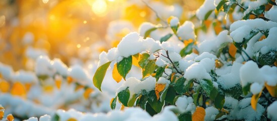 Poster - Snow-covered bushes with vibrant yellow and green leaves illuminated by soft sunlight during the first snowfall of the season.