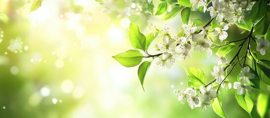 Poster - Delicate white flowers and lush green leaves illuminated by soft sunlight in a tranquil natural setting.