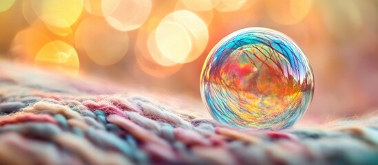 Aufkleber - Colorful bubble resting on a soft blanket with a blurred bokeh background creating a dreamy and whimsical atmosphere.