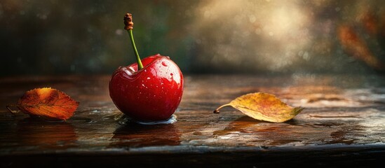 Aufkleber - Fresh cherry resting on a rustic wooden table surrounded by autumn leaves with a blurred background emphasizing its vibrant color.