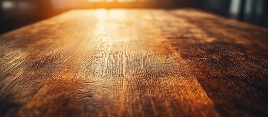 Aufkleber - Warm Brown Wooden Table Surface with Selective Focus and Soft Lighting