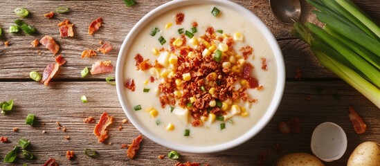 Poster - Delicious cheesy corn chowder with crispy bacon topping served in a white bowl on a rustic wooden table surrounded by fresh ingredients