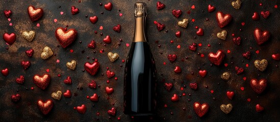 Aufkleber - Champagne bottle surrounded by red and gold hearts on a dark brown background creating a romantic and festive atmosphere