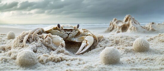 Poster - Burrow of ghost crab on sandy beach with sand balls and ocean backdrop creating a natural artistic scene perfect for background wallpaper.