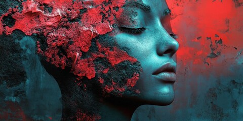 Wall Mural - Woman with red face and black hair surrounded by futuristic textures and zen papaya elements