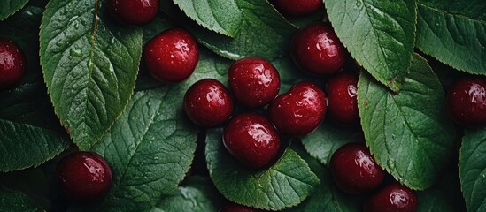 Aufkleber - Fresh ripe cherries arranged on vibrant green leaves creating a natural and appetizing composition for culinary or agricultural themes.