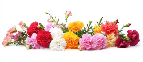 Poster - Colorful bouquet of assorted carnations elegantly arranged and isolated on a clean white background for floral design themes.