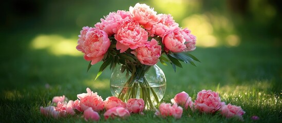 Poster - Bouquet of pink peonies in a glass vase surrounded by scattered petals on lush green grass in natural lighting