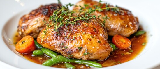 Poster - Deliciously braised chicken served with fresh vegetables and herbs on a pristine white background for culinary presentations.