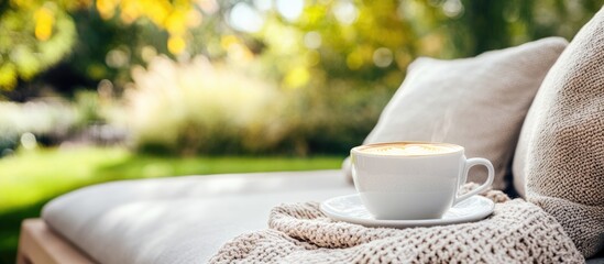 Poster - Cappuccino cup on cozy sofa in summer garden with Scandinavian design featuring greenery and space for adding text or content