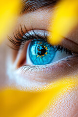 Wall Mural - A mesmerizing macro shot of a vivid blue eye partially obscured by gently moving golden petals,