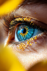 Wall Mural - A mesmerizing macro shot of a vivid blue eye partially obscured by gently moving golden petals,