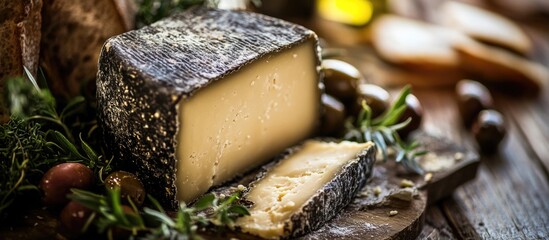 Poster - Aged black pecorino cheese from Sicily with herbs and rustic wooden background close up showcasing rich textures and flavors.