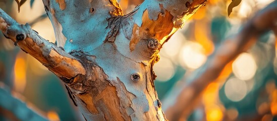 Poster - Close-up of a textured tree branch illuminated by warm sunlight with a bokeh background creating a serene and tranquil atmosphere.