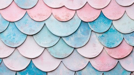 Fototapete - Pastel pink and blue faux mermaid scale textured backdrop with decorative tiles and empty space for design or text placement.