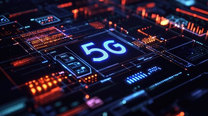 Poster - Close-up of an autonomous vehicle's control interface, displaying operational data and a vibrant 5G signal logo, showcasing the high-tech communication network.