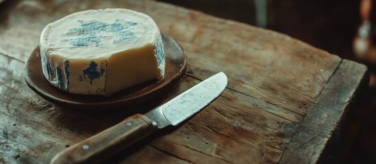 Aufkleber - Moldy cheese on a plate with a knife placed on a rustic wooden table background close-up shot for gourmet food concepts.