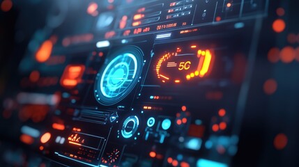 Poster - Close-up of an autonomous vehicle's control interface, displaying operational data and a vibrant 5G signal logo, showcasing the high-tech communication network.