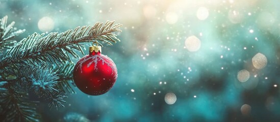 Poster - Festive Christmas Background Featuring Red Ornament on Fir Branch with Shimmering Bokeh and Copy Space for Holiday Text