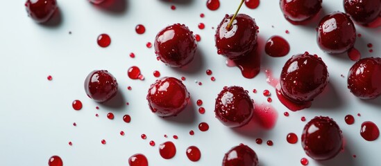 Poster - Close-up view of ripe cherries with juice droplets on white background creating an artistic and vibrant fruit composition.