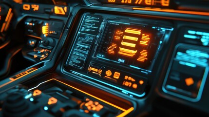 Poster - Close-up of an autonomous vehicle interface, featuring data screens and a glowing 5G signal logo, showcasing cutting-edge connectivity and technology.