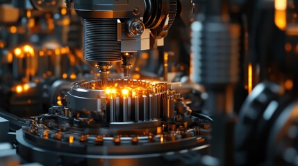 Aufkleber - Close-up of an industrial machine at work, with glowing components and metal parts in production, symbolizing precision and technology in manufacturing.