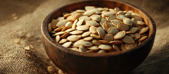 Poster - Bowl of raw pumpkin seeds on rustic burlap background showcasing healthy snack options and natural food ingredients