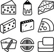 © Md Tarikul Islam - Set of nine simple black line art illustrations depicts various food items, including cheese wedges, a slice of cake, a slice of pizza, and other food.