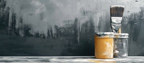 Poster - Brush and paint can on a textured surface with empty space for text showcasing a creative workspace or home improvement project.