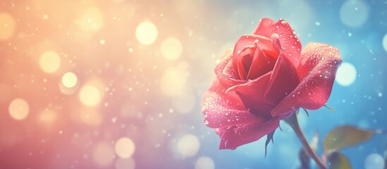 Poster - Close up of a vibrant red rose with rain droplets and a dreamy bokeh background in soft pastel colors.