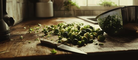 Poster - Freshly cut Brussels sprouts on a wooden countertop next to a knife and a sieve in a cozy kitchen setting.