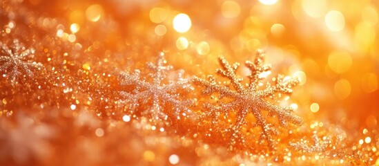Poster - Golden and Orange Bokeh Background with Snowflake Shapes Glitter Creating a Festive Holiday Atmosphere Suitable for Text Insertion