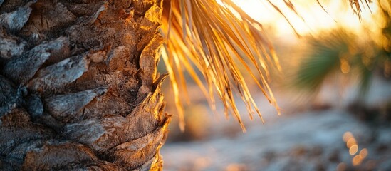Poster - Dramatic close-up of a dry palm tree showcasing textured bark and vibrant golden rays of sunlight in the background.
