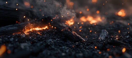 Poster - Burning charcoal amidst glowing embers and smoke from wood, showcasing the remnants of a controlled fire in nature.