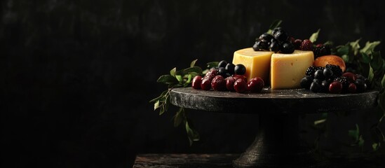 Poster - Artisan Cheese Platter with Fresh Grapes and Berries on Rustic Pedestal Dark Background for Text Overlay