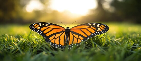Poster - Butterfly resting on lush green grass illuminated by sunlight in a serene natural setting