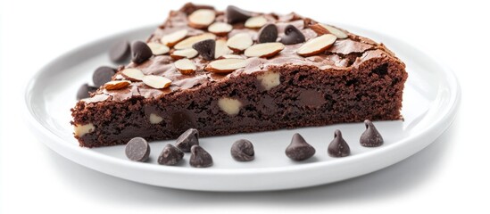 Poster - Decadent brownie cake slice topped with almond slivers and chocolate chips on a white plate perfect for dessert menus or baking promotions.