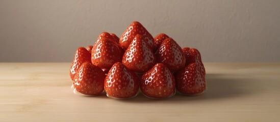 Poster - Fresh ripe strawberries stacked together on a wooden surface illuminated by natural light showcasing their vibrant colors and textures.