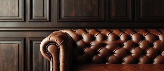 Aufkleber - Luxurious Brown Leather Couch Against Elegant Dark Paneled Wall Interior Design Background